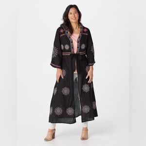 Tolani Collection Black Embroidered Long Duster Kimono 2XP Single Tie